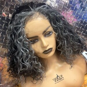 Kinky  edge natural wave frontal  lace wig gray and black